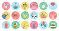 Cute set of round Birthday highlight icons or avatar designs with cute animals heads, cake, present. Vector anniversary holiday