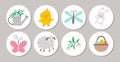 Cute set of round Easter highlight icons or card designs with bunny, cute animals, watering can, butterfly, flowers. Vector spring