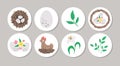 Cute set of round Easter highlight icons or card designs with nest, eggs, flowers, hen. Vector spring holiday pin or badge design