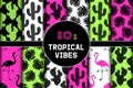 Cute set of 80s tropical vibes seamless patterns