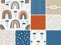 Cute set of scandinavian childish seamless pattern with trendy hand drawn rainbows, clouds, stars and hearts Royalty Free Stock Photo