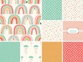 Cute set of scandinavian childish seamless pattern with trendy hand drawn rainbows, clouds, stars and hearts Royalty Free Stock Photo