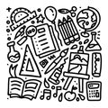 Cute set of school stationery and office supplies. Doodle icon collaction. Hand drawn decorative elements. Black and