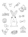 Cute set of spring cliparts, easter elements. Black and white spring doodle set. Isolated illustration. Royalty Free Stock Photo