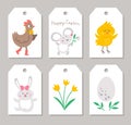 Cute set of Spring price tag templates with hen, bunny, egg, chicken, flowers. Vector Easter card designs. Religious holiday Royalty Free Stock Photo