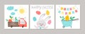 Cute set of square Easter cards with Bunny, colored eggs, cute wheel barrow with chick. Vector spring print design templates. Royalty Free Stock Photo