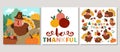 Cute set of square Thanksgiving cards with turkey, forest animals, harvest. Vector autumn holiday print templates with cute rural Royalty Free Stock Photo