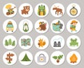 Cute set of Summer camp round cards with cute forest animals, camping elements and kids. Vector active trip highlight icons Royalty Free Stock Photo