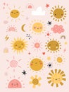 Cute set with sun characters. Funny happy smiley suns. Happy doodles beautiful cartoon faces illustration Royalty Free Stock Photo