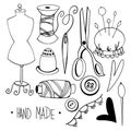 Cute set of tailor for sewing, mannequin, thread, needle, scissors, button. Digital doodle outline art. Print for scrapbooking, ca Royalty Free Stock Photo