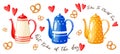 Cute set teapots with pretzels and little hearts on a white background. ÃÂ¡artoon style. Vector illustration. Royalty Free Stock Photo