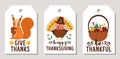 Cute set of Thanksgiving price tag templates or cards with turkey, forest animal, harvest. Vector autumn holiday vertical print Royalty Free Stock Photo