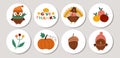 Cute set of Thanksgiving round cards with turkey, owl, harvest. Vector autumn holiday highlight icons collections. Fall design for