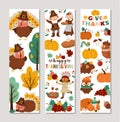 Cute set of Thanksgiving vertical cards with turkey, forest animals, harvest, pilgrims. Vector autumn holiday vertical print