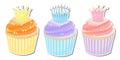 Cute set of three delicious stickers cupcakes with crowns in pastel shades Royalty Free Stock Photo