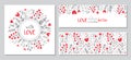 Cute set of Valentines Day floral backgrounds with hand drawn leaves and heart shaped flowers in doodle style Royalty Free Stock Photo
