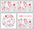 Cute set of Valentines Day floral backgrounds with hand drawn leaves and heart shaped flowers in doodle style Royalty Free Stock Photo