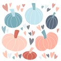 Cute set of various pastel pumpkins hand drawn in simple childish Scandinavian style, colorful hearts. Vector illustration Royalty Free Stock Photo