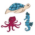 Cute set of vector design elements of the underwater world. Vector illustration in cartoon style. Can be used as stickers, decals Royalty Free Stock Photo