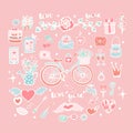 Cute set of vector objects for Valentine`s Day, Collection of stickers for Valentine`s Day, Bicycle with tulips in a basket, Cake Royalty Free Stock Photo