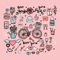 Cute set of vector objects for Valentine`s Day, Collection of stickers for Valentine`s Day, Bicycle with tulips in a basket, Cake