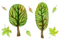 Set of watercolor hand drawn cartoon trees with highlighted trunks and falling maple leaves of autumn coloring isolated on white Royalty Free Stock Photo