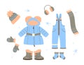 Cute sets of winter children\'s clothing. Cute blue set in flat style.