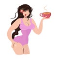 Cute sexy girl drinks coffee. Lush brunette in a pink bathing suit with a cup of tea. Plump woman advertises drinks