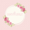 Cute shabby chic frame with roses on seamless polka dots background