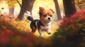 A cute shaggy puppy is running in the garden among the autumn leaves. AI generation