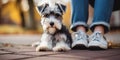 Cute shaggy schnauzer obediently sits next to persons legs, concept of Friendly companion