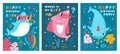 Cute shark birthday party greeting cards. Funny ocean creatures. Cartoon comic marine fish characters with holiday