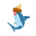 Cute Shark Character Licking Melted Ice Cream Cone Lying on its Head with Sprinkles around. T-shirt Print Royalty Free Stock Photo