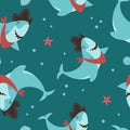 Cute shark pirate vector seamless pattern. Sea shells, starfish and bubbles. Graphic print for baby items Royalty Free Stock Photo