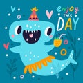 Cute shark poster. Sea funny creature. Holiday cocktail. Birthday party card. Happy hammer fish. Cartoon ocean Royalty Free Stock Photo