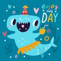 Cute shark poster. Sea funny creature. Holiday cocktail. Birthday party card. Happy hammer fish. Cartoon ocean