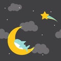 Cute shark is sleeping on the moon fabric seamless cute pattern