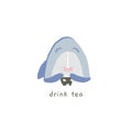 Vector hand drawn emoji. Cute shark smile with a cup of tea. Royalty Free Stock Photo
