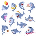 Cute sharks set. Underwater sharks, marine cartoon animals. Sea danger, funny fish life. Wild ocean characters with baby Royalty Free Stock Photo
