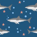 Cute Sharks and Starfish Seamless Pattern Background.