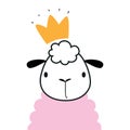 Cute Sheep as Farm Animal Wearing Gold Crown Vector Illustration