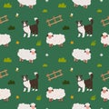 Cute sheep and border collie dog walking in the meadow, seamless pattern, cute cartoon illustration with domestic farm