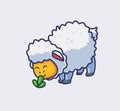 cute sheep eating grass on the ground. isolated cartoon animal nature illustration. Flat Style suitable for Sticker Icon Design Royalty Free Stock Photo