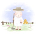 Cute sheep holding rake in farm hand drawn illustration