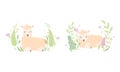 Cute Sheep Lying in Flowers Set, Lovely Little Fluffy Lamb Farm Animal in Pastel Colors Cartoon Vector Illustration Royalty Free Stock Photo