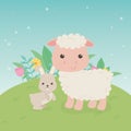 Cute sheep and rabbit animals farm characters