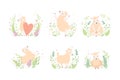 Cute Sheep Resting and Relaxing in Meadow Flowers Vector Set Royalty Free Stock Photo