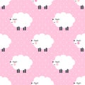 Cute sheep seamless pattern on pink polka dots background.