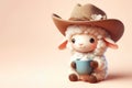 Cute sheep sitting with a cup on a clean background. Place for text. Royalty Free Stock Photo