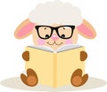 Cute sheep sitting reading a book